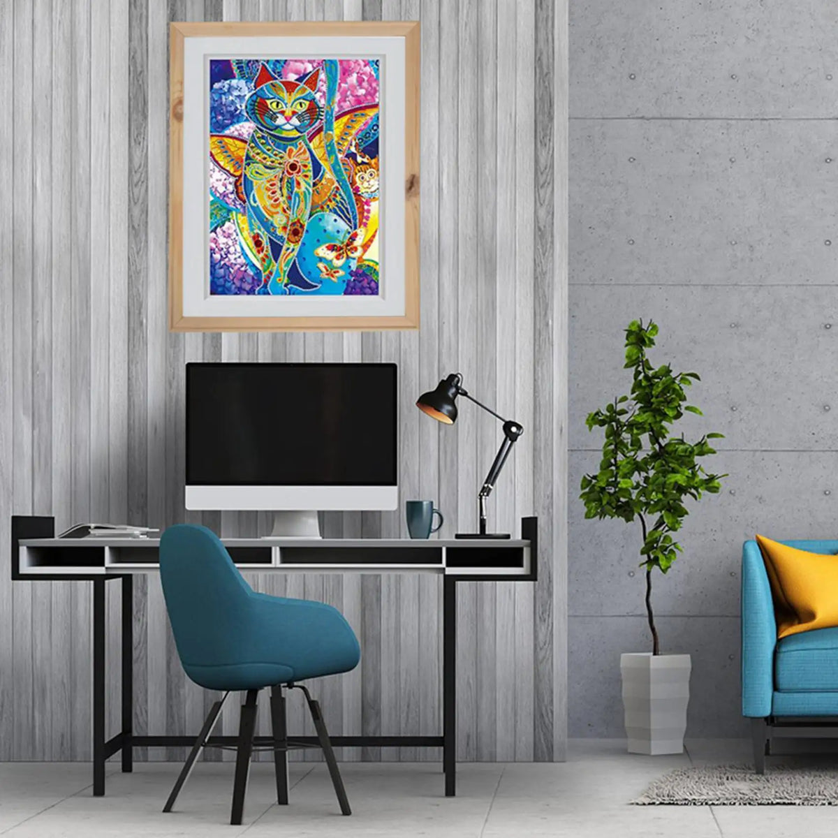 cadre photo bois clair tableau chats paysage lunaire wolv couleur vive bleu rouge chambre