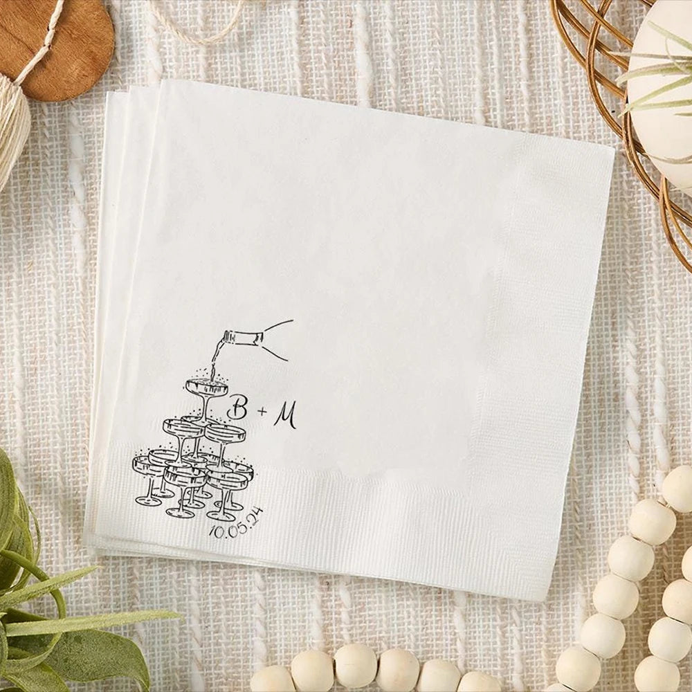 serviette papier blanche mariage dessin bouteille vin champagne monogramme personnalisée fête anniversaire réception élégante