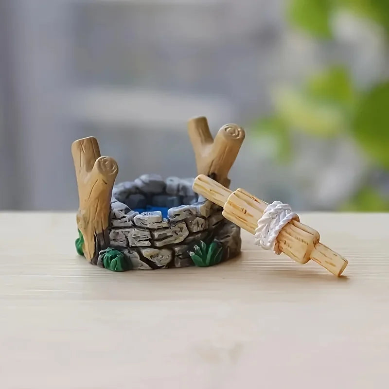 miniature puits gris vert rustique pierre bois collection résine décor maison miniature