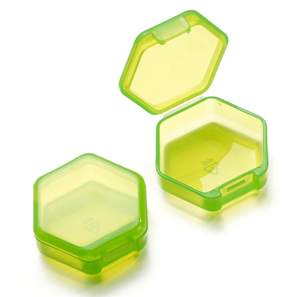 boîtes rangement hexagonnelles modernes transparentes clips colorées bleu noir vert orange violet rouge 42x46mm