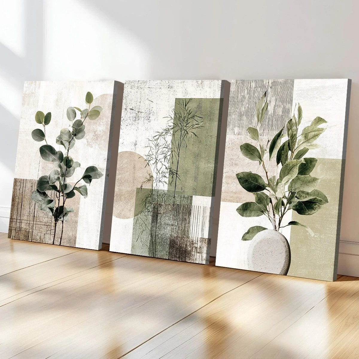 toiles d'art abstrait contemporaines composition feuilles vertes formes géométriques textures variées decoration mur minimaliste