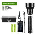 lampe torche noire led rechargeable 500m lumiere intense resistant chocs auto defense camping plongee