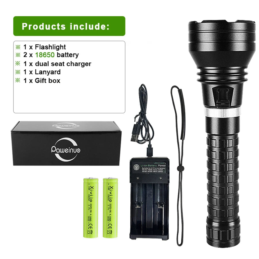 lampe torche noire led rechargeable 500m lumiere intense resistant chocs auto defense camping plongee