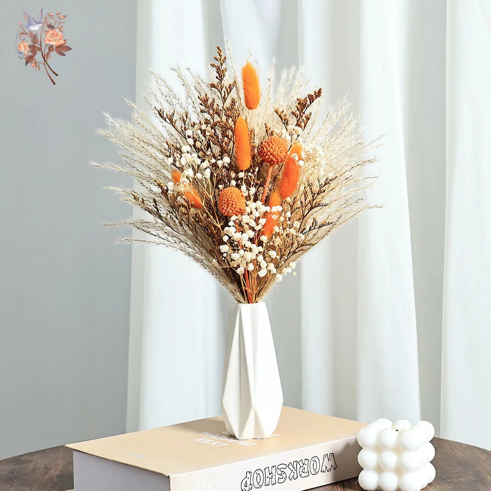 bouquet fleurs séchées boho orange beige fluffy décoration maison anniversaire baby shower événement
