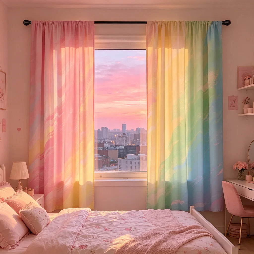 rideaux pastel dégradé arc ciel semi translucides moderne doux chambre salonhôtel polyester