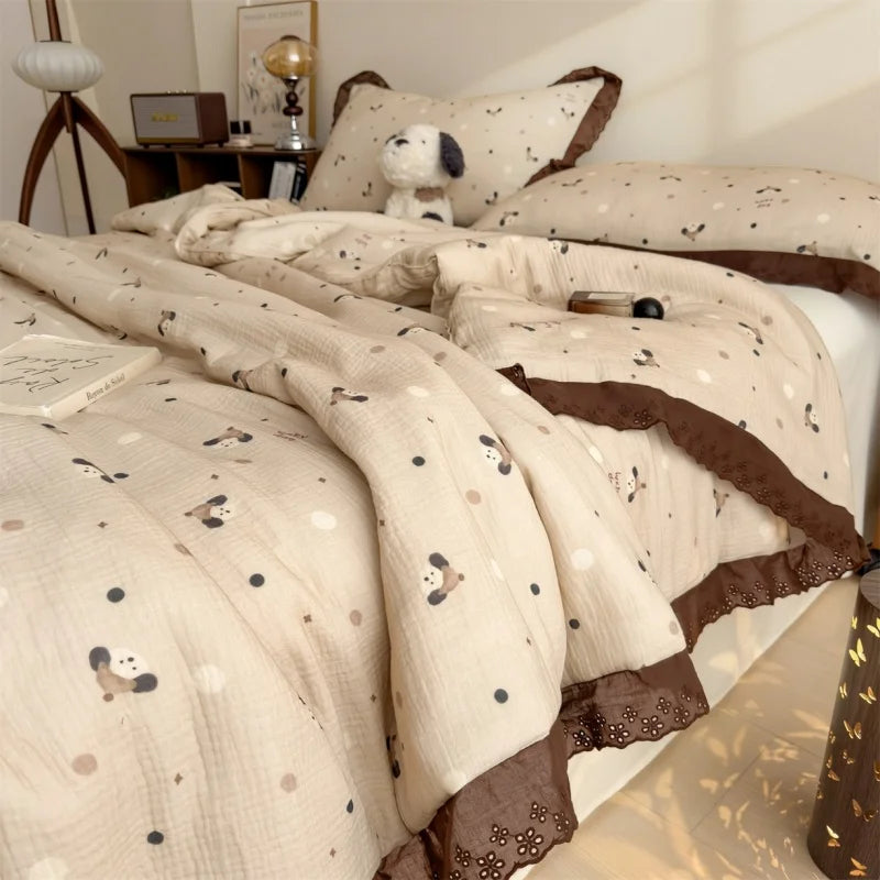 couverture d'été coton froissé motif papillons beige noir vintage lit 150x200cm machine laver