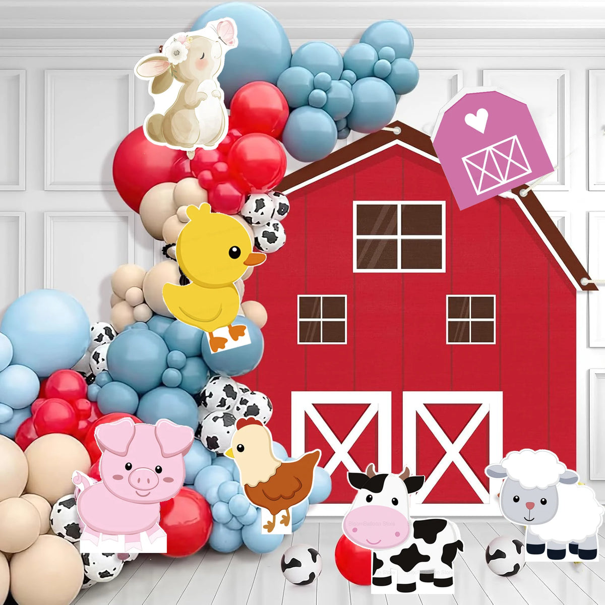 décorations fête animaux ferme porc poulet cheval vache mouton carton mousse rouge blanc bleu