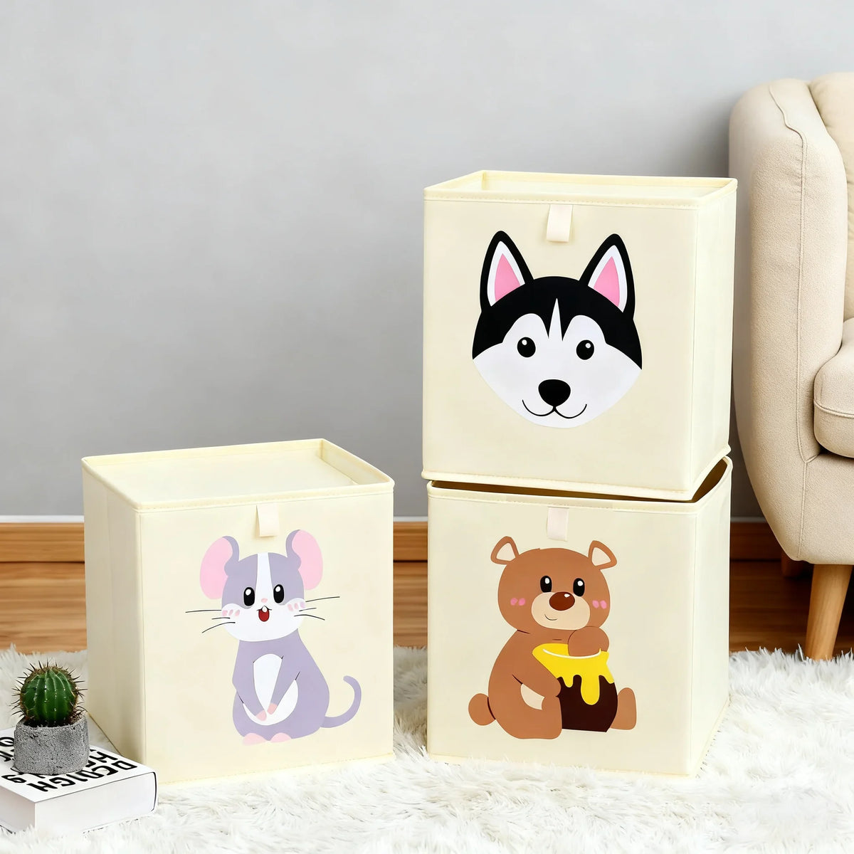 boîtes rangement pliables animaux dessin animé beige clair moderne enfant poignées léopard singe ours