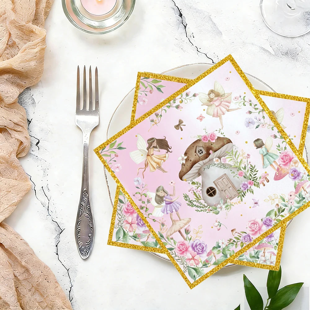 serviettes papier fées forêt enchantée anniversaire mariage baptême noël enfantin illustration fleurs coeurs