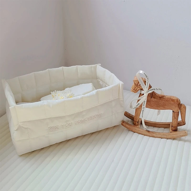 sac rangement coton piqueté moderne doux poignées tissu multicolore beige rose bleuclair jaune blanc