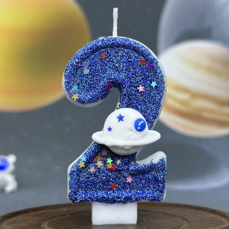 bougies numéraires bleu pailleté motif étoiles thème espace anniversaire mariage fiançailles tringle