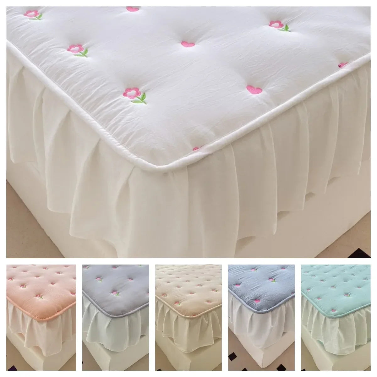 housse matelas blanche fleurs roses matelassée anti acariens coton polyester pouces douce classique