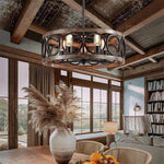 suspension lumineuse moderne rustique noir bois naturel anneaux métal argenté ampoules filament