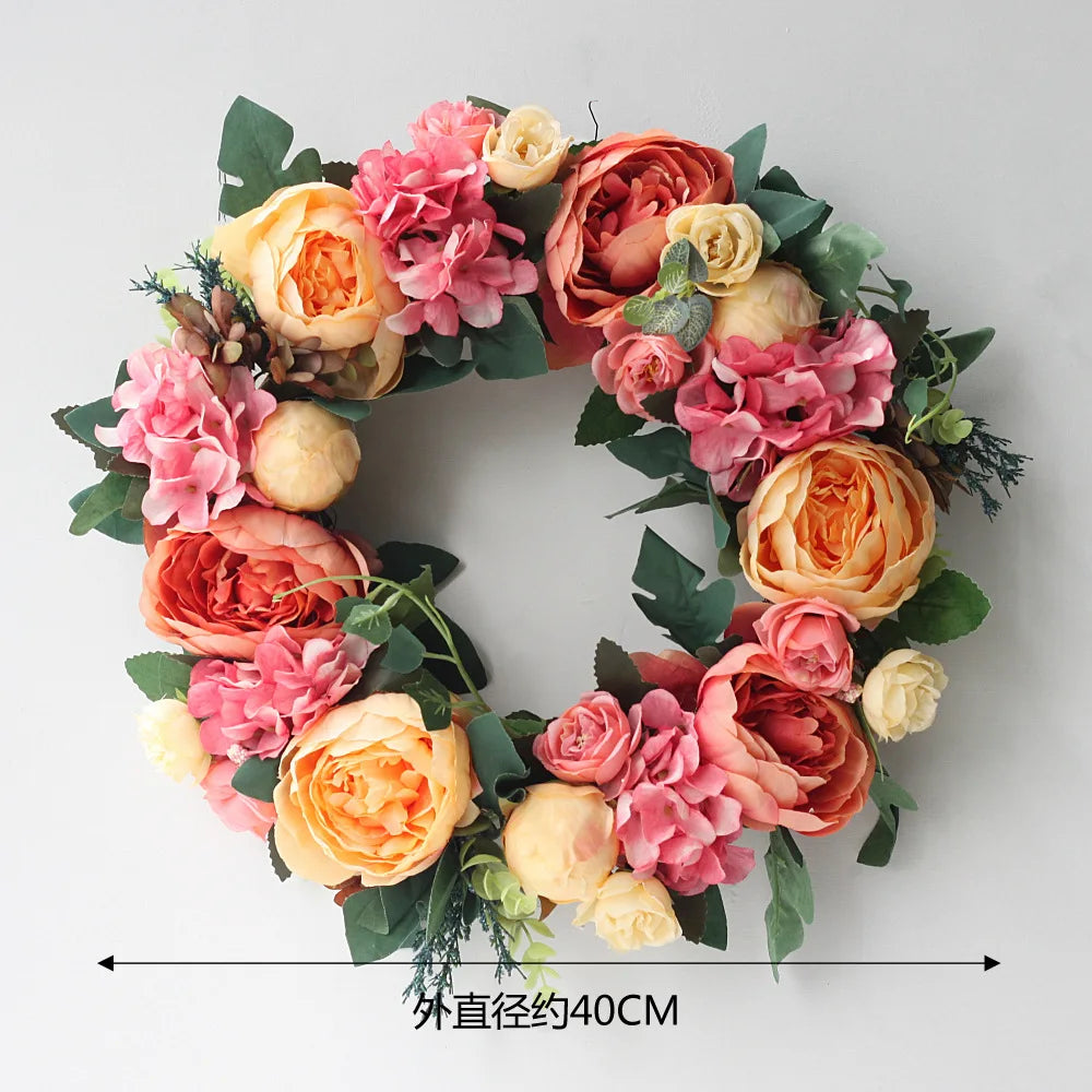 couronne florale vintage rose blanche feuilles vertes fleurs artificielles intérieur mariage table porte