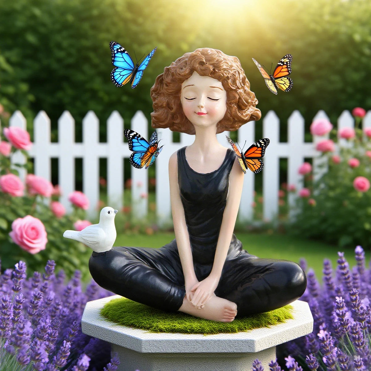 statue femme méditation yoga zen décoration intérieure jardin fleurs papillons textures naturelles ornement