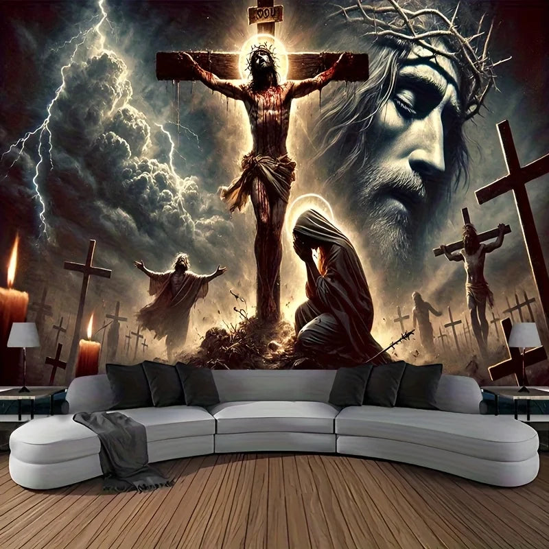toile d'art crucifixion religieuse réaliste noir blanc gris vert bleu
