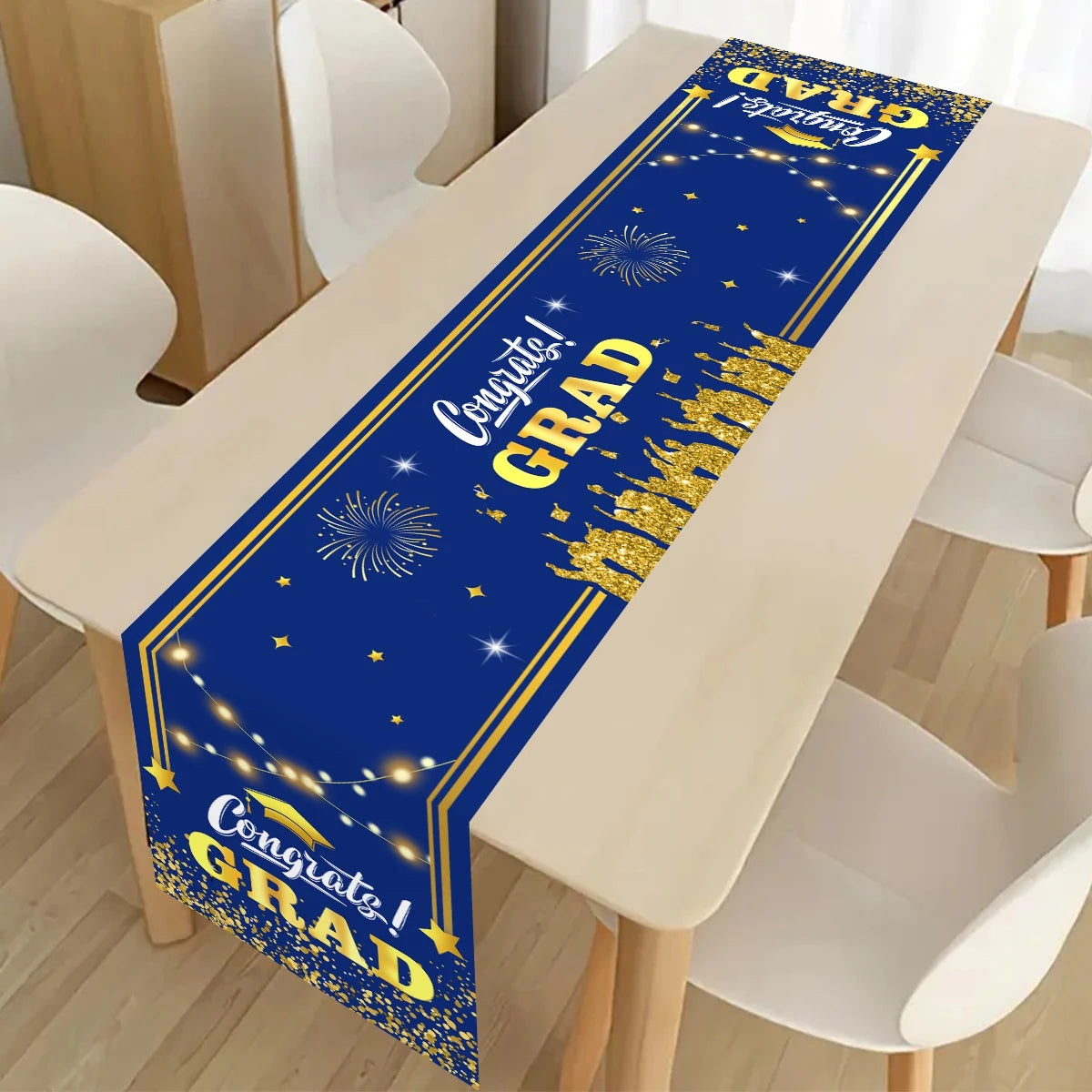 nappe table fête remise diplôme motifs cérémonie confettis étoiles feu artificiel polyester noire or