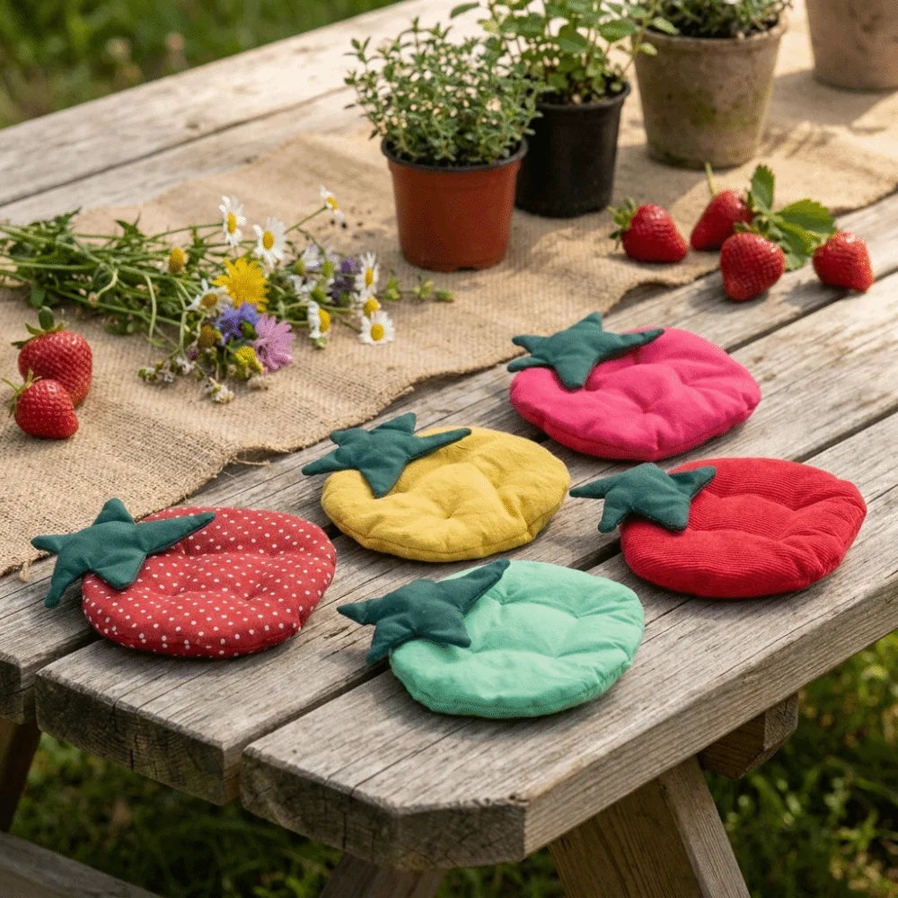 coussins table décoratifs modernes rouge vert jaune rose points blancs