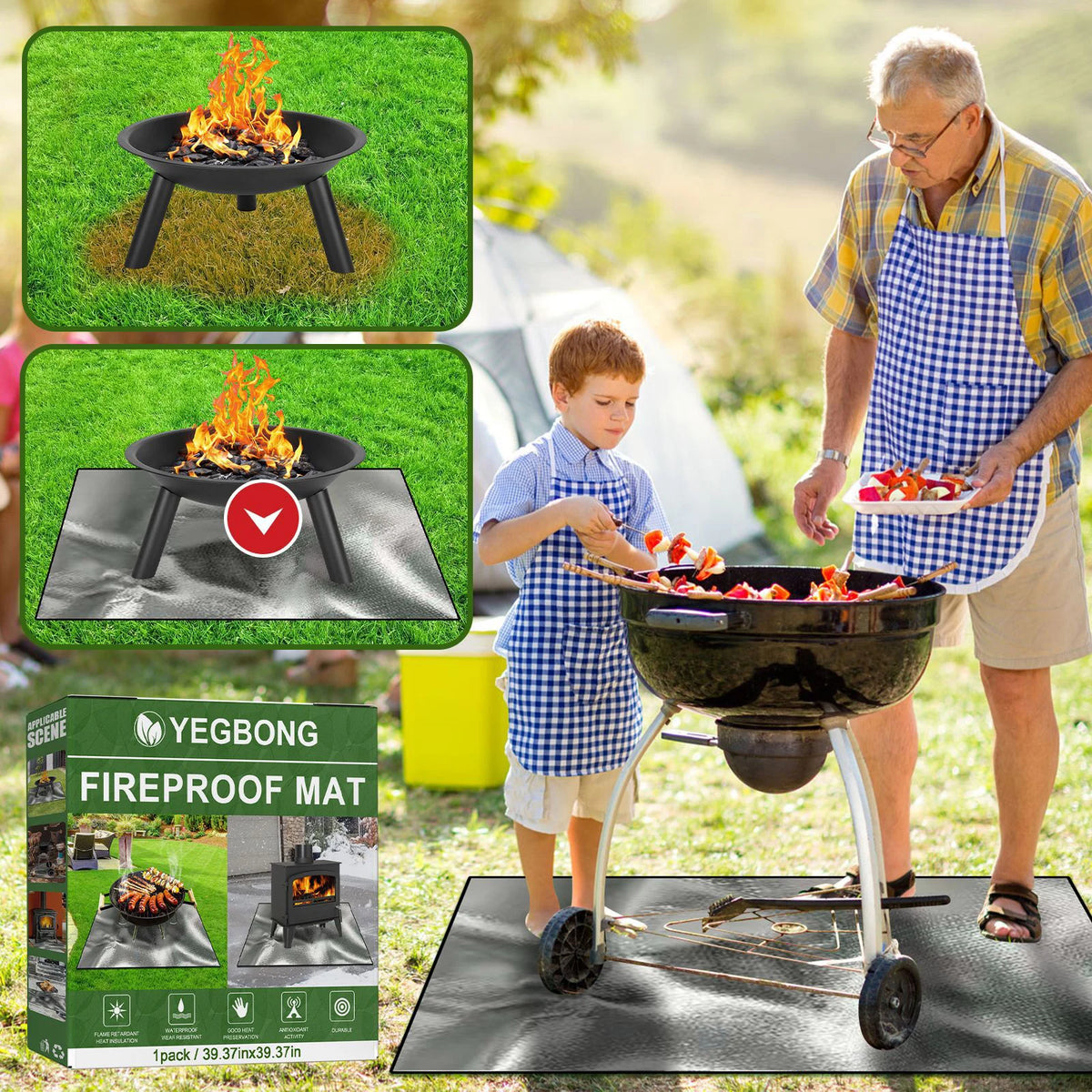 tapis protection feu patio barbecue extérieur gris métallisé fibre verre aluminisée texture rugueuse moderne