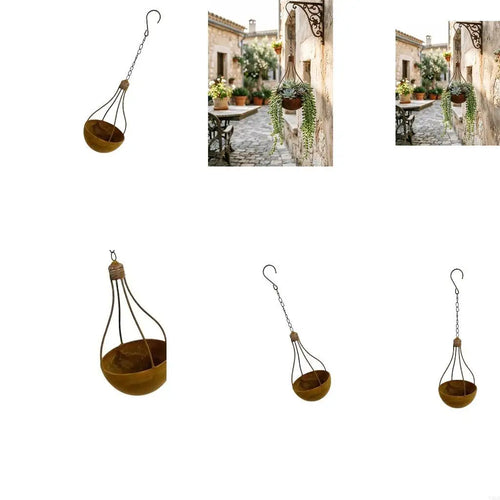 cache pot suspendu marron clair rustique crochets métalliques chaîne fleur artificielle balcon jardin décorationextérieur