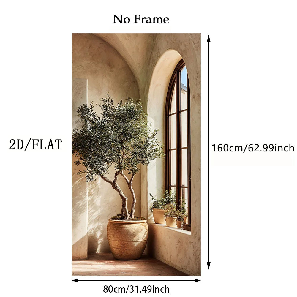 tableau moderne paysage architectural arbre fenetre plante beige vert brun sans cadre toile murale