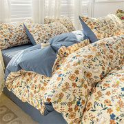 Parure de lit 1 personne en microfibre polyester lavé - 4 pièces avec motif fleur - Ombre Interieur