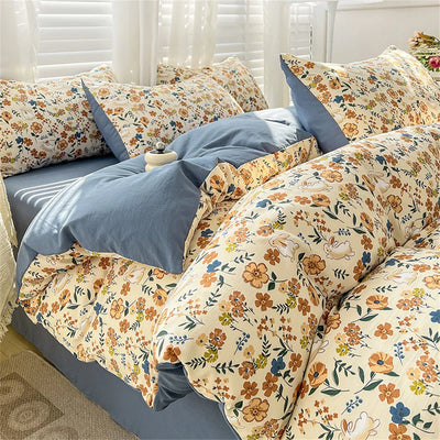 Parure de lit 1 personne en microfibre polyester lavé avec motif fleur - Ombre Interieur