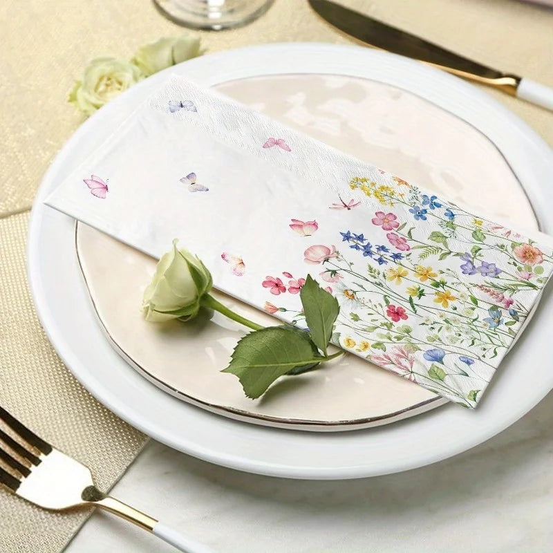 serviettes jetables papier fleurs colorées classiques pack 100pcs blanc rose bleu jaune vert floral