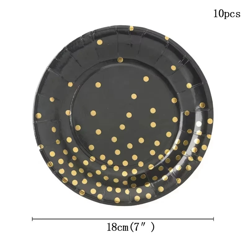 assiettes pois dorés noires gobelets serviettes tablecloth fête anniversaire mariage nouveauannée