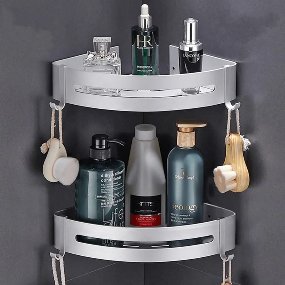 étagère angle moderne noire blanche or adhésive réutilisable salle bain douche trois niveaux fixations