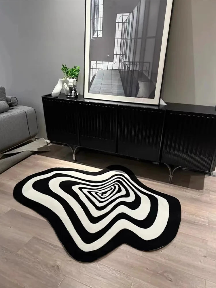 tapis salon moderne noir blanc motif géométrique rayures concentriques antidérapant intérieur maison polyester