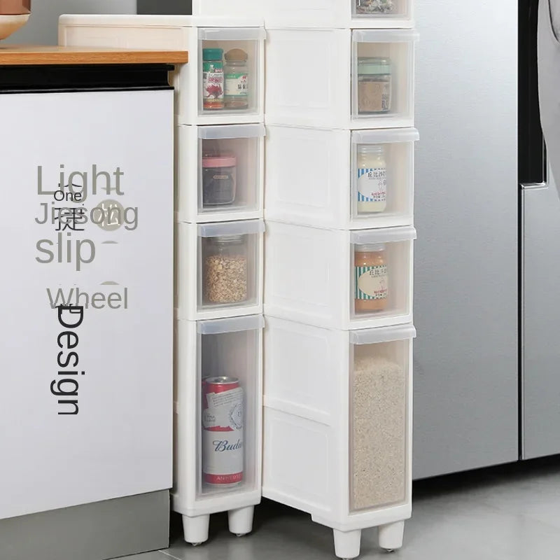 meuble rangement modulaire blanc boîtes transparentes roulettes organisation maison moderne