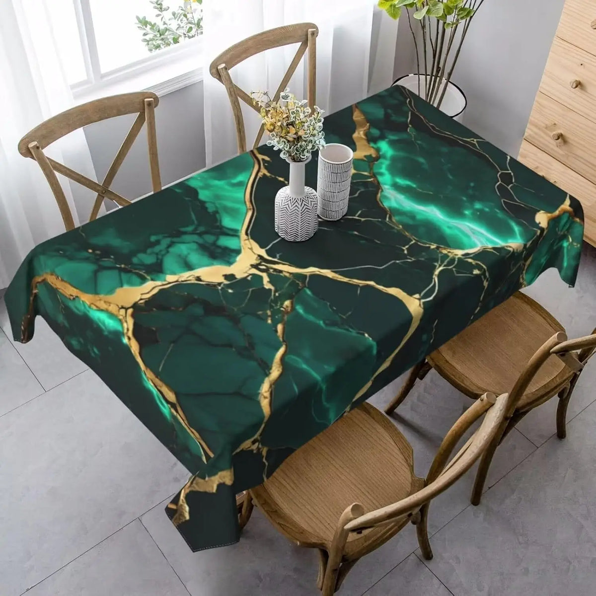 nappe marbre vert foncé doré moderne réutilisable polyestère table manger rectangle chez soi élégante
