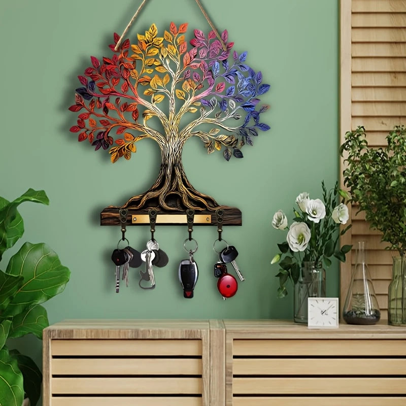 porte clés mural arbre stylisé multicolore crochets clés décoratives artisanal