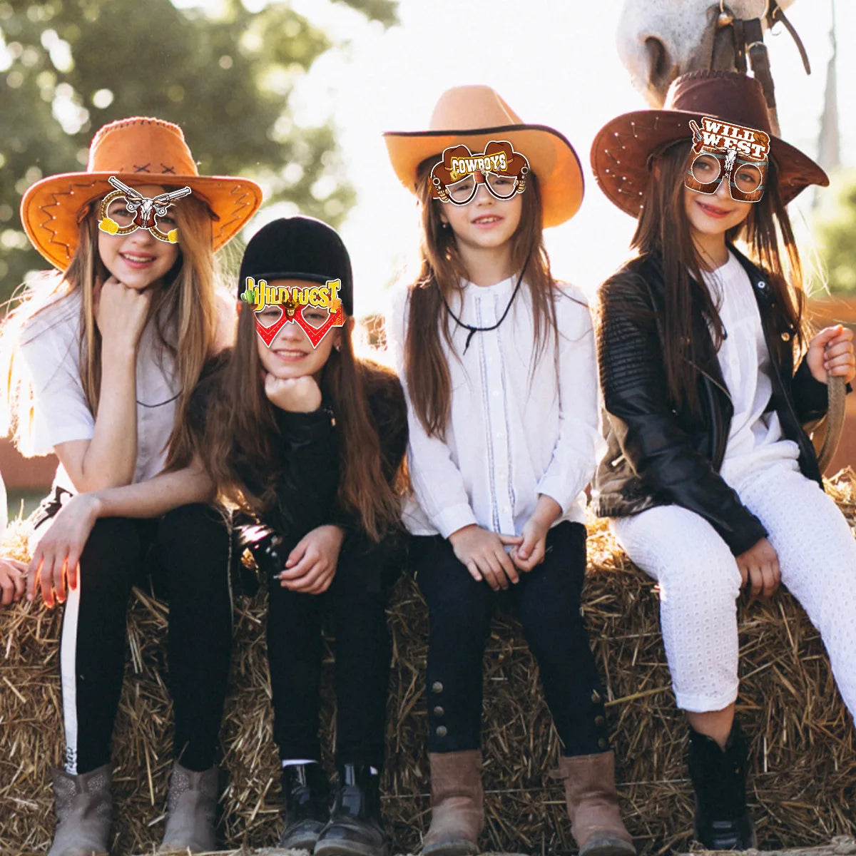 fournitures fête anniversaire enfants stickers autocollants lunettes western boîtes friandises guirlande chevaux