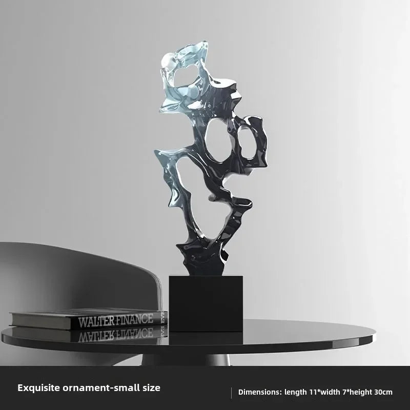 sculpture décorative abstraite moderne bleu clair noir transparent lumière reflétée living room ambiance chambre