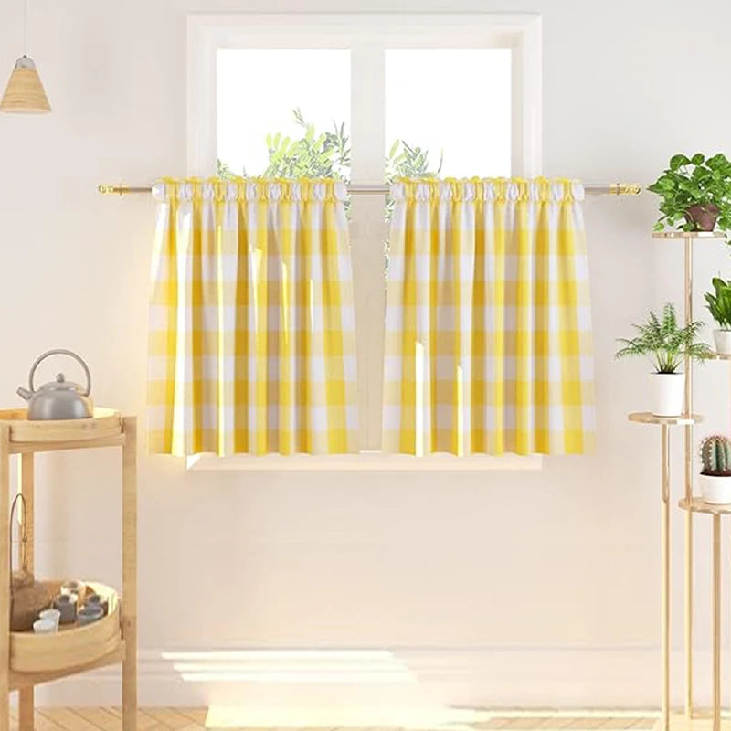 rideau jaune carreaux opacité classique anneaux métalliques fenêtre cuisine moderne polyester