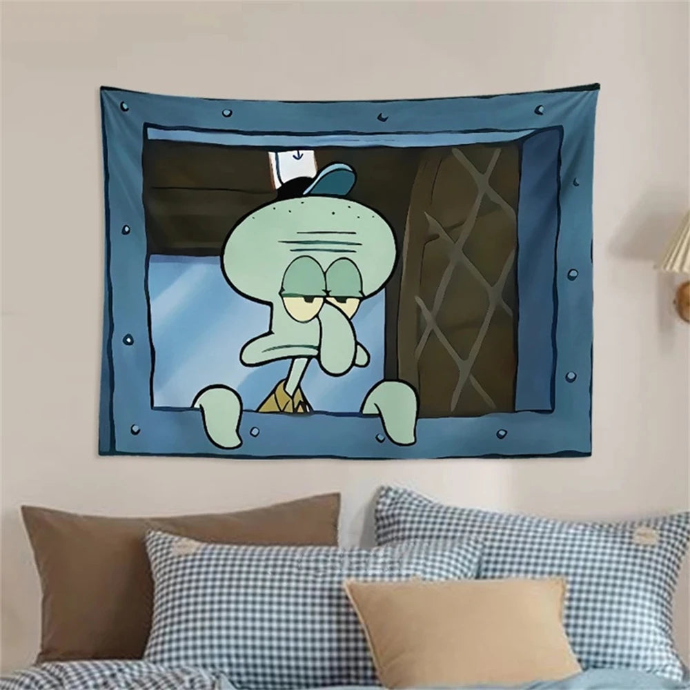 tapisserie bob l'éponge personnages dessin animé bleu vert rose clips decoratif chambre enfant