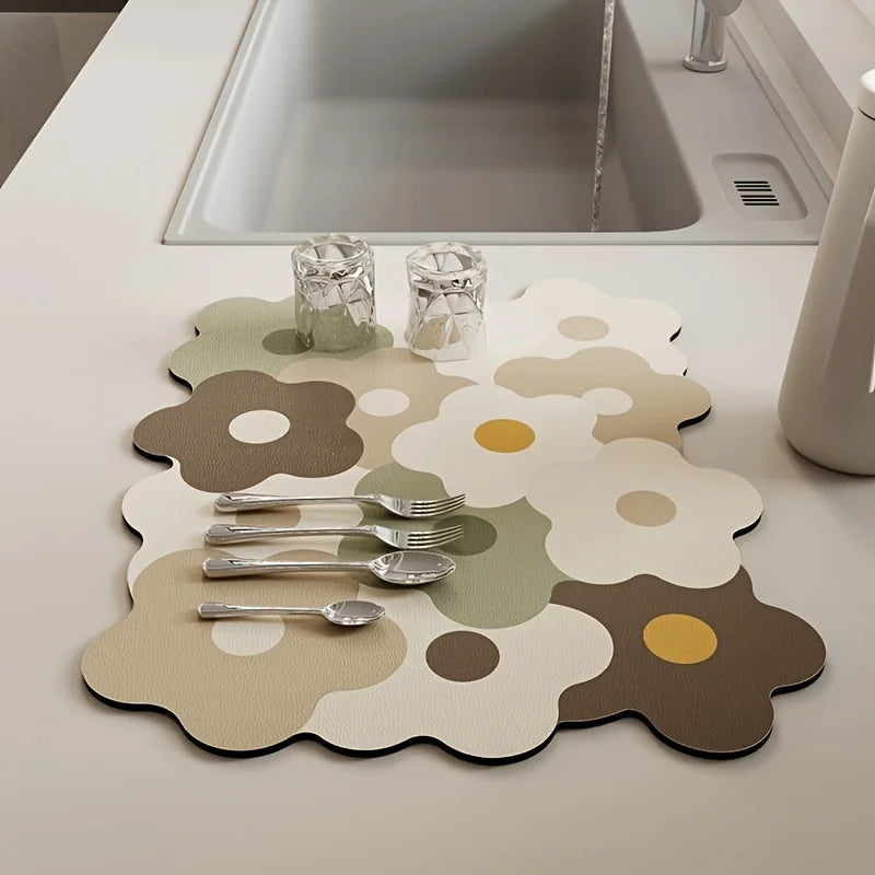 tapis table moderne fleurs stylisées motifs géométriques bleu blanc jaune vert orange rose gris