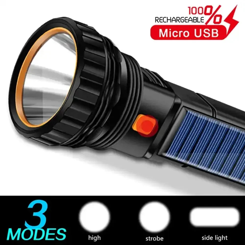 lampe torche solaire rechargeable led noire bleue orange ipx6 waterproof multifonctionnelle banque