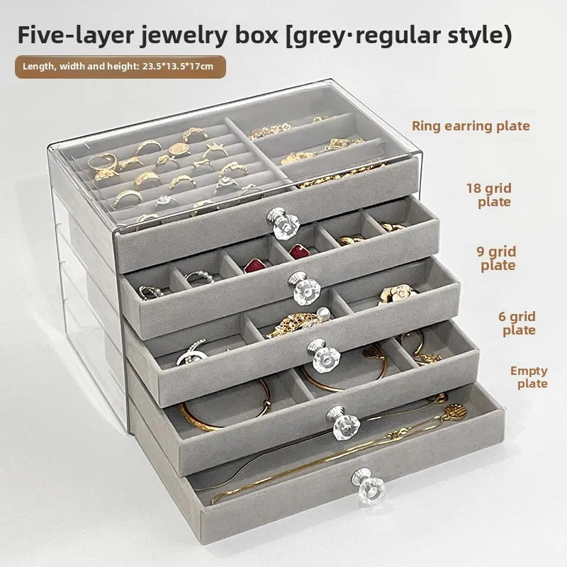 boîte bijoux velours beige clair poignées moderne rangement colliers bagues montres boucles d'oreilles