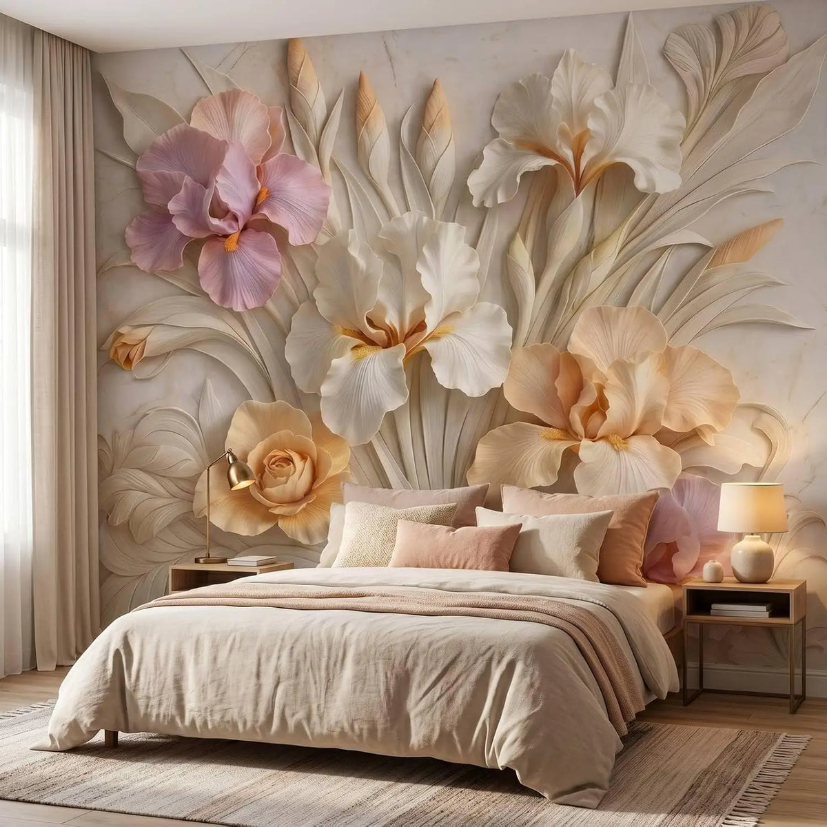 papier peint mural fleurs relief floral beige classique adhésif chambre salon decoration moderne