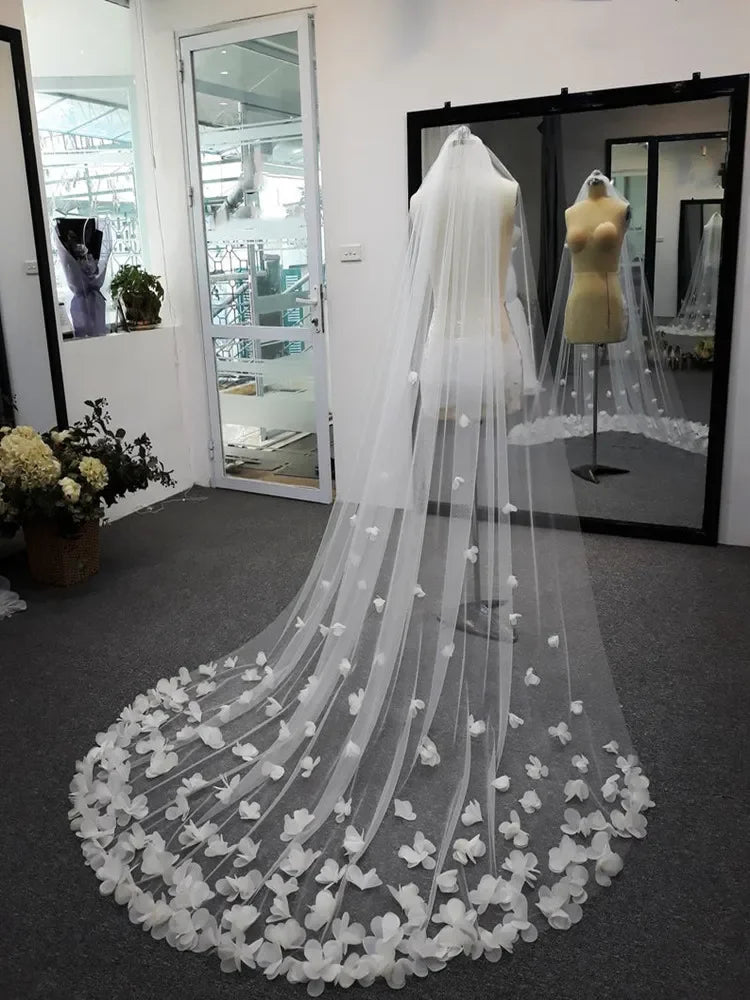 voile mariée blanc fleurs 3d classique cathédrale bord dentelle clips opaques