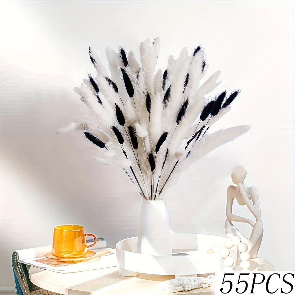 bouquet fleurs séchées blanc beige vert plumes feuilles boho chic ruban vase décoration intérieure