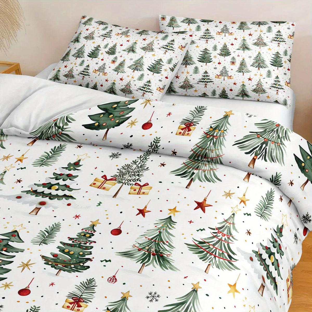 ensemble literie motif noel moderne blanc vert rouge oreillers taies doreiller drap plat festive