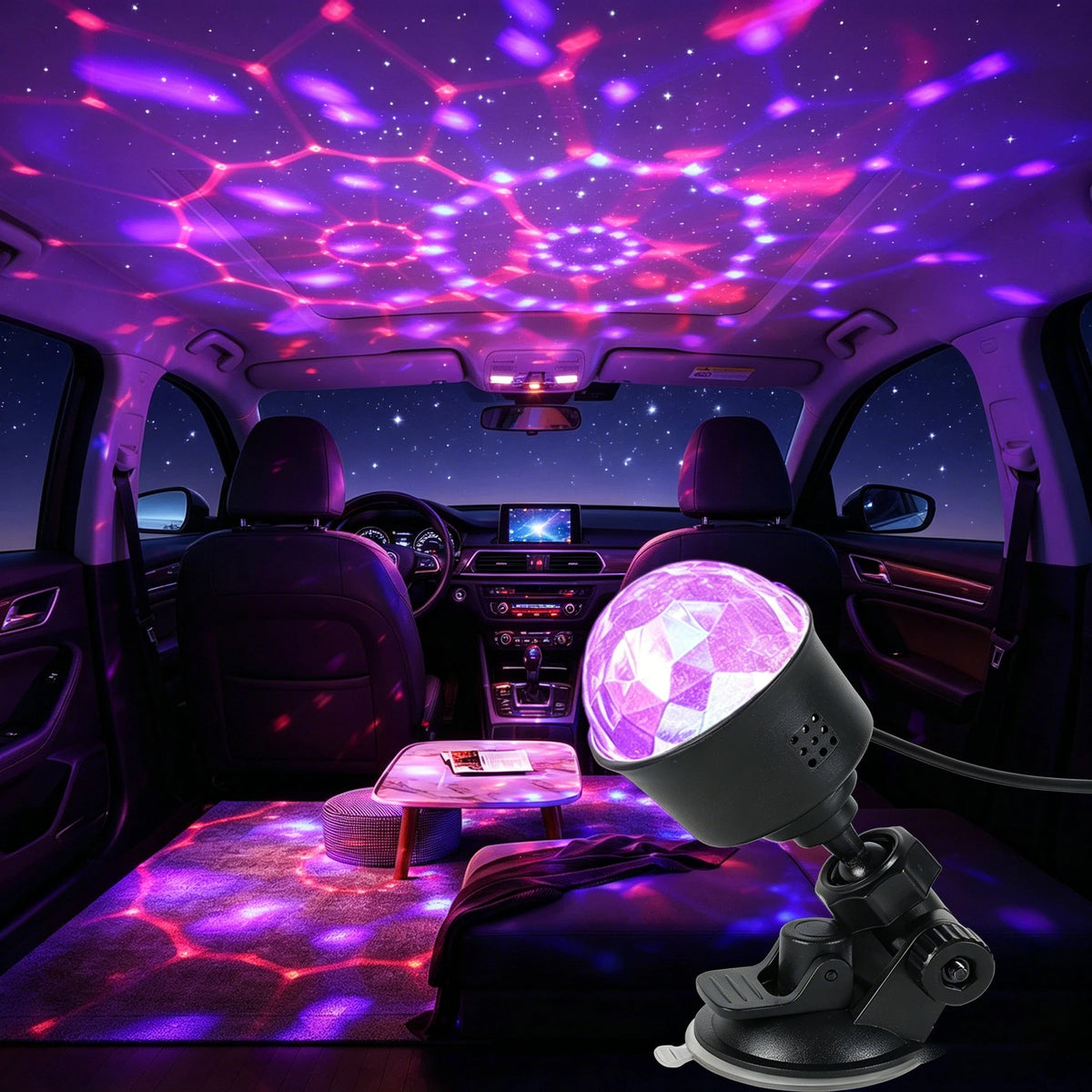 projecteur led moderne transparent effet stroboscopique disco son rotation auto câble usb 5v suction