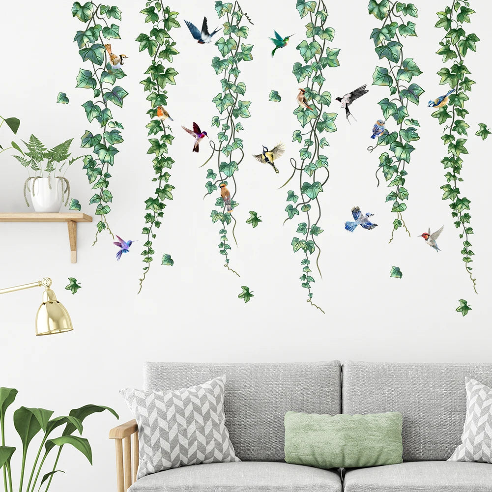 stickers muraux oiseaux lierre aquarelle naturels chambre enfants decoration murale adhésifs variés couleurs bleu