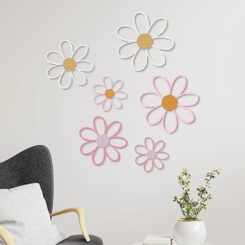 décorations murales fleurs marguerites blanc rose texture tissu moderne enfant champêtre bois