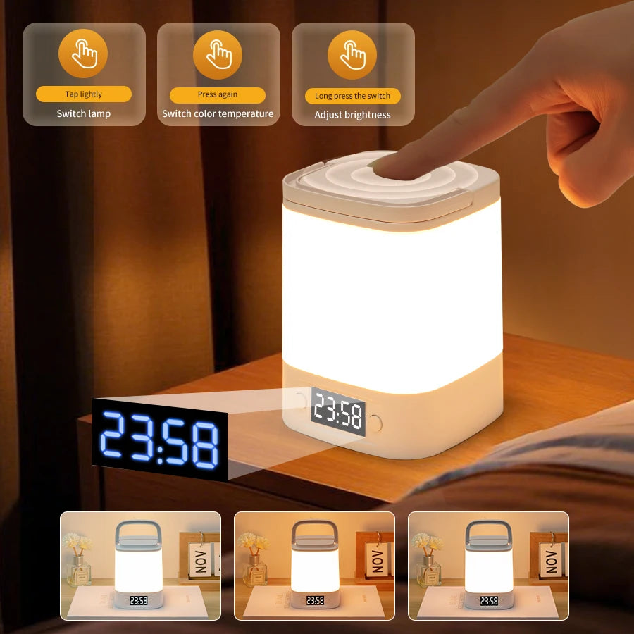 lampe multifonctionnelle horloge digitale éclairage blanc orange télécommande charge batterie rechargeable