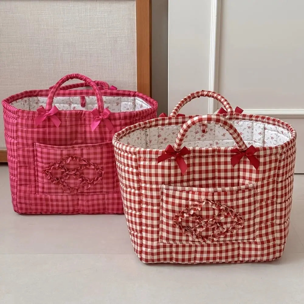 panier tissu carreaux rouge blanc vintage poignées détachables rangement multiple chambre enfant